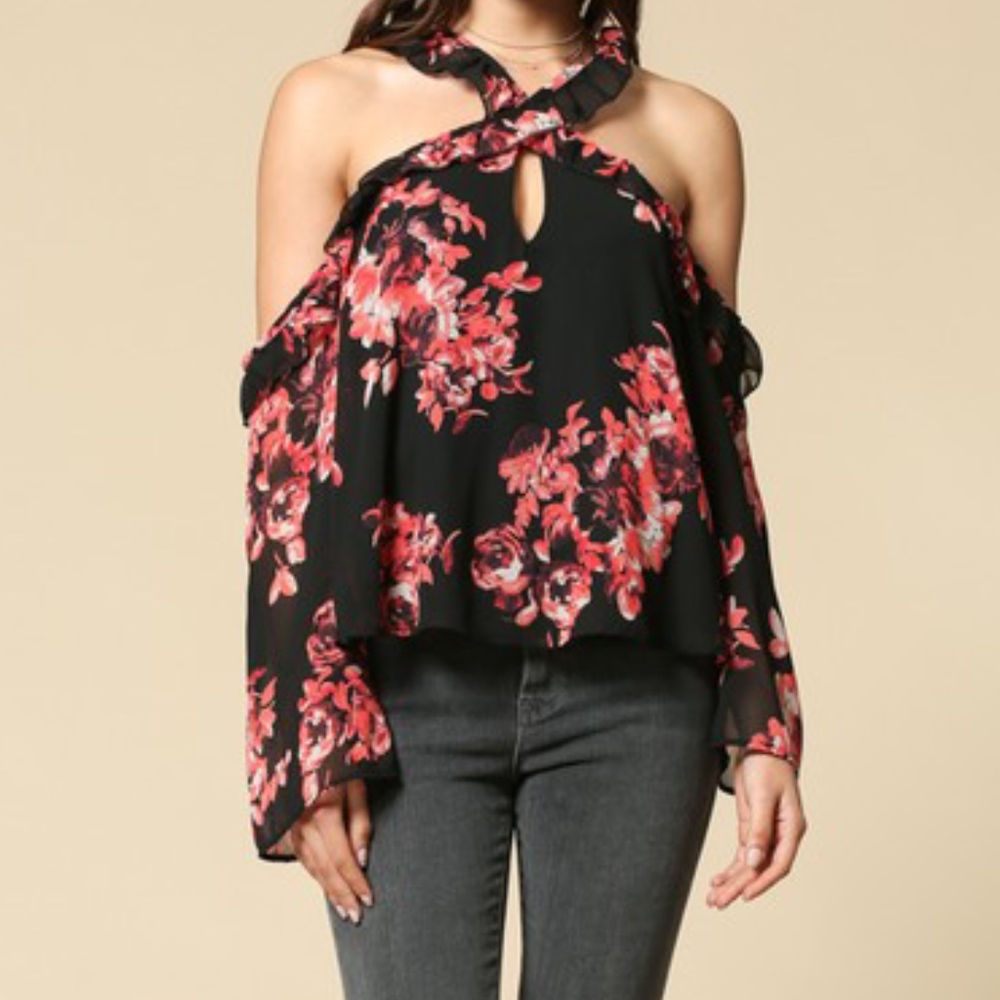 NWT Crossed Choker Cold Shoulder Ruffle blouse top